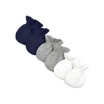 Unisex baby mittens in three colors: navy, grey, and white, made from 100% organic cotton for scratch protection.