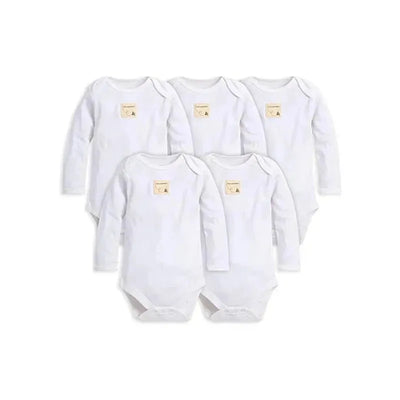Long sleeve white bodysuits in a five-pack for infants aged 6-9 months, featuring a small logo tag.