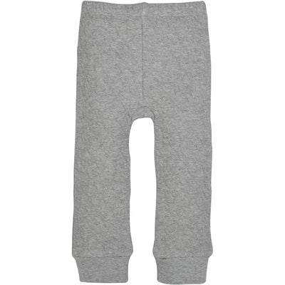 Baby knit jogger pants in heather grey, featuring an elastic waistband and cuffed ankles. Ideal for comfort and mobility.