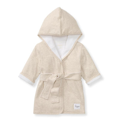 Hooded oatmeal-colored baby robe with a tie belt, designed for 0-9 months, featuring a soft interior and rolled cuffs.