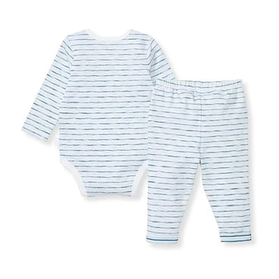 Long-sleeve baby bodysuit and matching pants in slub stripe pattern, featuring soft blue and white colors.