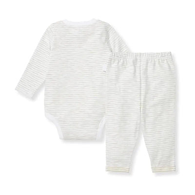 Unisex baby bodysuit set in mossy green featuring long sleeves and matching striped pants, made from soft fabric.