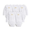 White long sleeve bodysuits in a 5-pack for preemies, featuring a small tan label on each.
