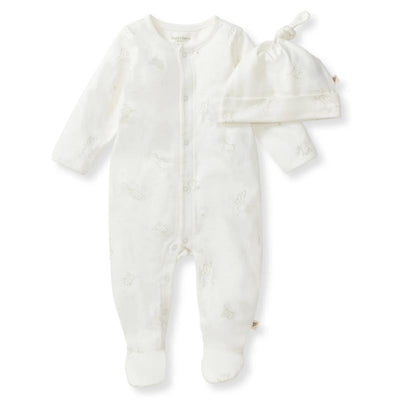 Burts Bees Frog Baby Jumpsuit & Hat Set featuring a soft white fabric with frog patterns, includes a matching hat.