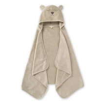 Organic cotton toddler hooded towel shaped like a bear, featuring closed eyes and a neutral beige color.