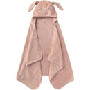 Hooded toddler towel in soft pink with bunny ears and facial features, made from organic cotton.