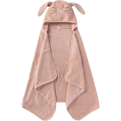 Hooded toddler towel in soft pink with bunny ears and facial features, made from organic cotton.