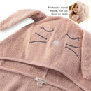 Burts Bees organic cotton toddler hooded bunny towel in soft pink with bunny face and ears, labeled for care.