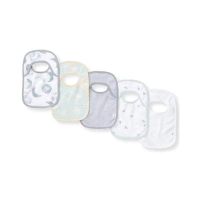 Set of five Burts Bees lap shoulder bibs in various designs, featuring moon patterns and soft colors.