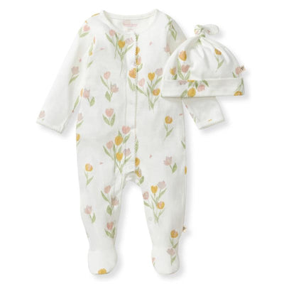 Baby girl jumpsuit and hat set featuring a floral tulip design in pastel colors, ideal for infant wear.