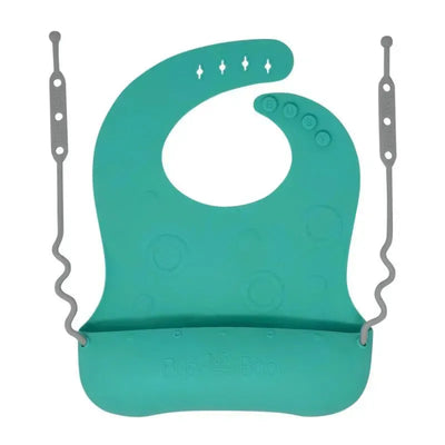 Busy Baby Bungee Bib in spearmint, featuring a large pocket and adjustable straps for easy attachment during mealtime.