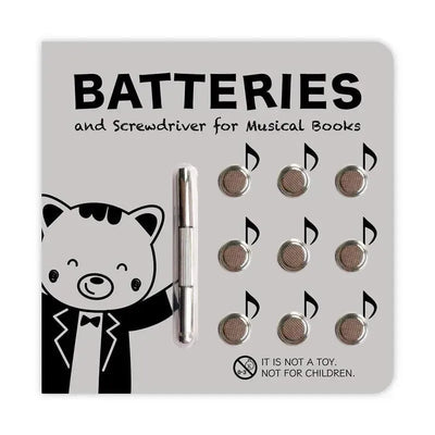 Battery replacement kit for musical books featuring nine batteries, a screwdriver, and a cartoon character.
