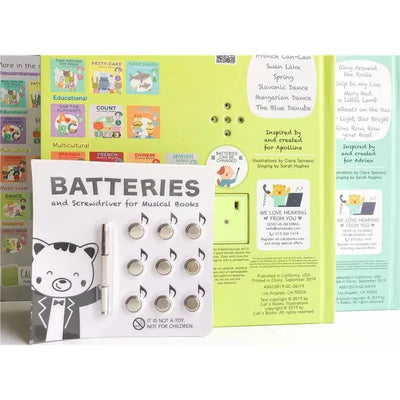 Battery replacement kit for musical books, featuring nine batteries and a screwdriver, instructions, and safety text.