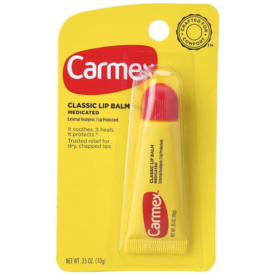 Carmex Classic Lip Balm in a 0.35 oz tube, yellow packaging with red cap, labeled as medicated for dry, chapped lips.