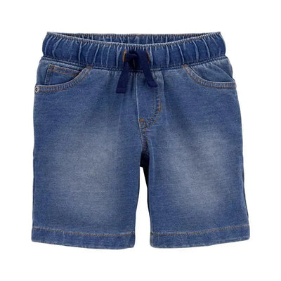Baby boy chambray French terry shorts in denim blue, featuring an elastic waistband and two front pockets.