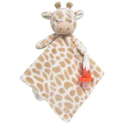 Plush giraffe cuddle blanket featuring a soft, spotted fabric with a teething ring attached.