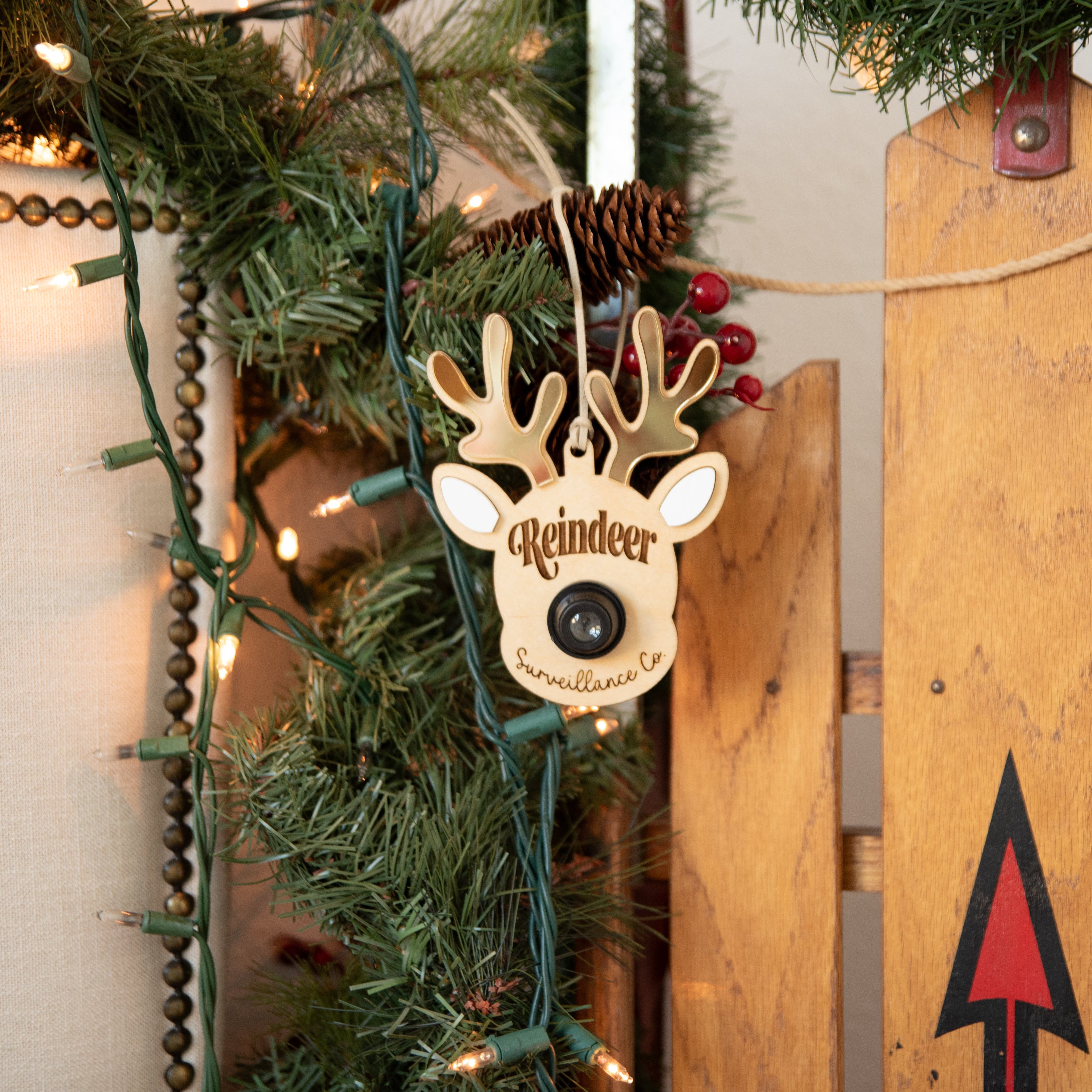 Reindeer Surveillance Santa Cam Ornament - Gold