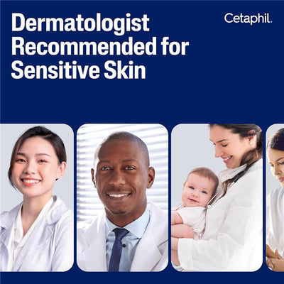 Dermatologist recommended for sensitive skin; features diverse professionals and a baby in caring scenarios.