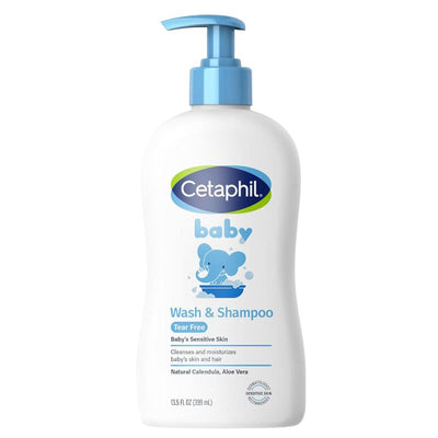 Cetaphil Baby Wash & Shampoo 13.5 Oz bottle, featuring a pump top and an illustration of a baby elephant, labeled tear-free.