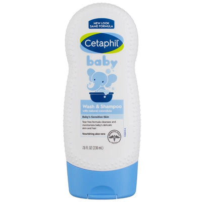 Cetaphil Baby Wash & Shampoo 7.8 oz bottle with an elephant graphic, featuring tear-free formula for sensitive skin.