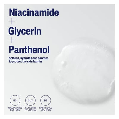 Cetaphil Gentle Face Wash packaging featuring niacinamide, glycerin, and panthenol with text on benefits for skin hydration.