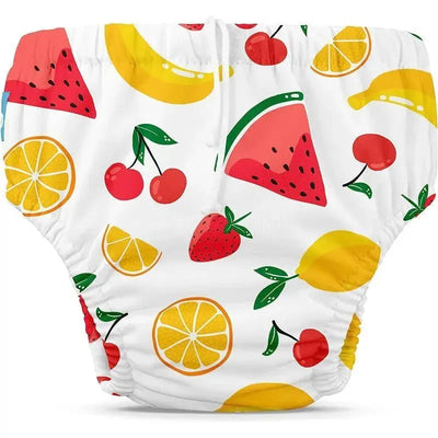 Reusable swim diaper featuring a colorful fruit pattern, including bananas, watermelon, strawberries, and cherries.