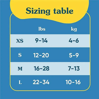 Sizing table for Charlie Banana reusable swim diaper, showing weight ranges in pounds and kilograms for sizes XS to L.