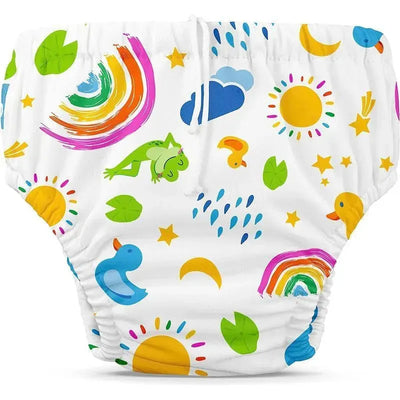 Reusable swim diaper featuring playful patterns of frogs, ducks, suns, and rainbows on a white background.