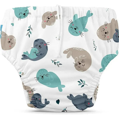 Reusable swim diaper featuring playful seal designs in teal and brown on a white background.
