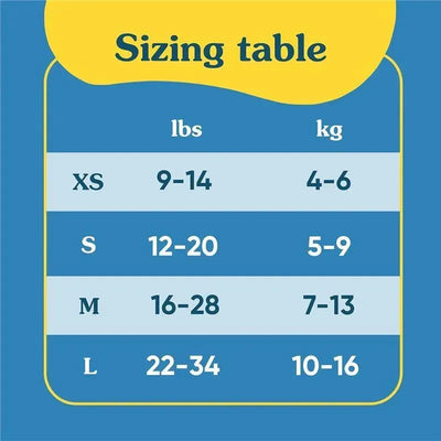 Sizing table for Charlie Banana reusable swim diaper, showing weight ranges in pounds and kilograms for sizes XS to L.