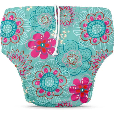 Reusable swim diaper in teal with colorful floral patterns and adjustable drawstring, sized large.