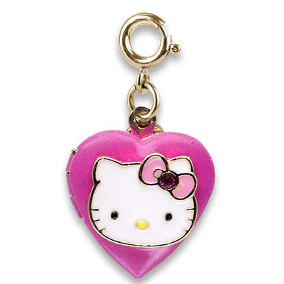 Gold Hello Kitty locket charm shaped like a heart, featuring a white cat face with pink bow and purple gem.