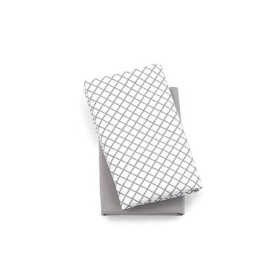 Two playard sheets from Chicco, one grey solid and the other grey diamond pattern, stacked on top of each other.