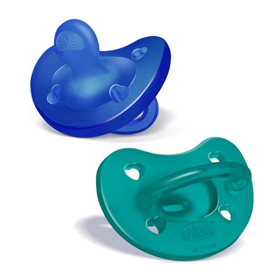 Chicco 2-pack feeding orthodontic silicone pacifiers in blue and green for ages 16 to 24 months.
