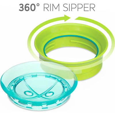 360° spoutless rim sipper in green and blue, designed for easy drinking without spills, featuring interchangeable parts.
