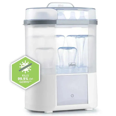 Chicco Advanced Sterilizer & Dryer, a white sterilization unit with visible baby bottles, claims to kill 99.9% of germs.