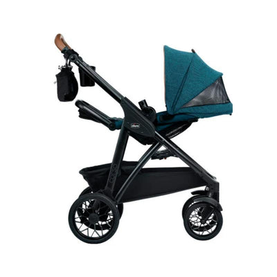 Chicco Corso Primo ClearTex Modular Travel System in Stellar color, featuring a reclining seat and adjustable canopy.