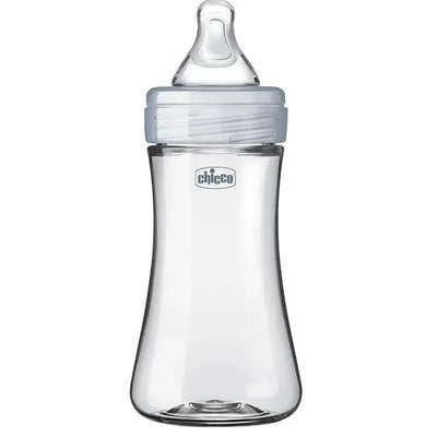 Chicco Duo 9oz hybrid baby bottle, featuring a clear design with a soft silicone nipple and a secure cap.