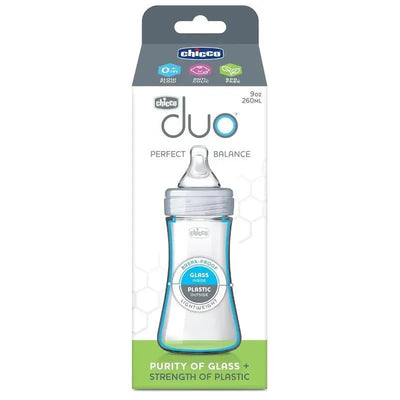 Chicco Duo 9oz Hybrid Baby Bottle packaging, featuring a break-proof glass inside and lightweight plastic outside.