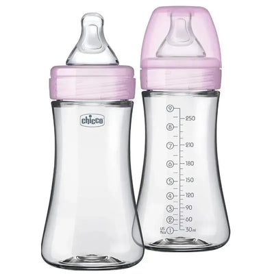 Chicco 2Pk Duo 9Oz Hybrid Baby Bottles in pink, featuring measurement markings and soft silicone nipples.