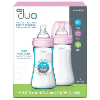 Chicco Duo 2-pack of 9oz hybrid baby bottles in pink, featuring a break-proof glass inner layer and a lightweight plastic exterior.