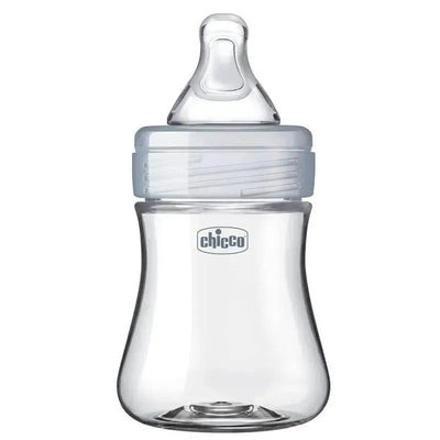 Chicco Duo 5Oz Hybrid Baby Bottle in grey with a clear body and a soft silicone nipple, designed for infants.