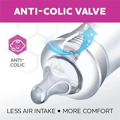 Chicco Duo 5Oz Hybrid Baby Bottle features an anti-colic valve for reduced air intake and increased comfort.