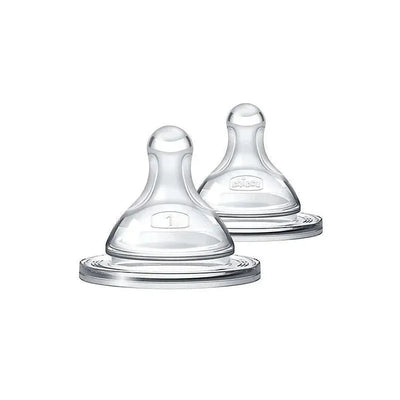 Chicco 2Pk Duo Baby Bottle Nipples, Stage 1 slow flow, clear design, suitable for infants 0 months and older.