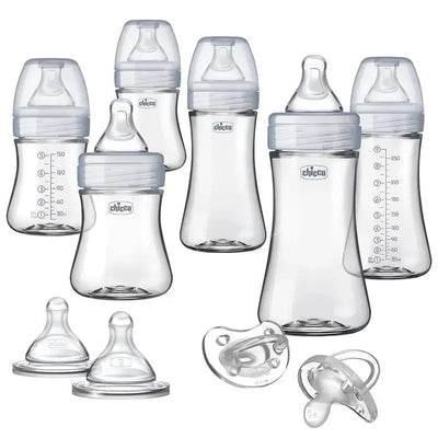 Chicco Duo Deluxe Hybrid Baby Bottle Gift Set featuring six baby bottles with different sizes and two teats, plus pacifiers.
