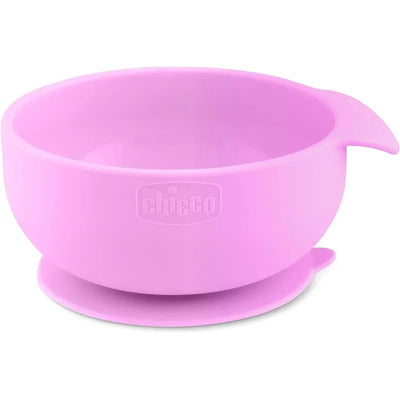 Silicone feeding bowl from Chicco, in pink, designed for babies 6 months and older.