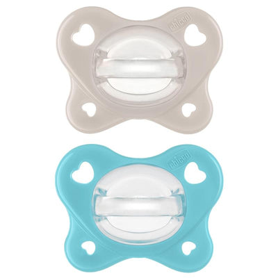 Physioforma Dual Soft Pacifiers by Chicco, featuring grey and ultramarine colors, designed for ages 6-16 months.