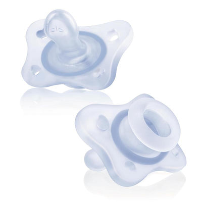 Orthodontic pacifiers in blue for infants 0-2 months, featuring a soft, mini design with ventilation holes.
