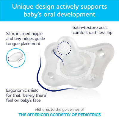Clear orthodontic pacifier with a slim nipple design, ergonomic shield, and satin texture for comfort; promotes oral development.