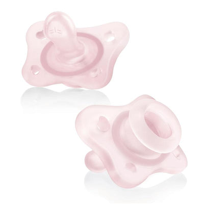 Orthodontic pacifiers in pink, featuring a mini size and physioforma design for infants, sold in a 2-pack.